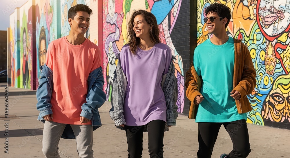 Obraz premium Clean and colorful t-shirts, young streetwear models in urban area