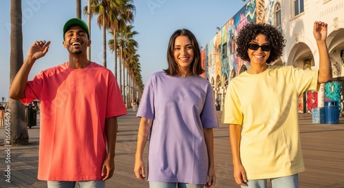 Clean and colorful t-shirts, young streetwear models in urban area