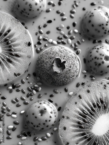 Monochrome close-up of kiwi slices and berries, scattered with seeds on a creamy base