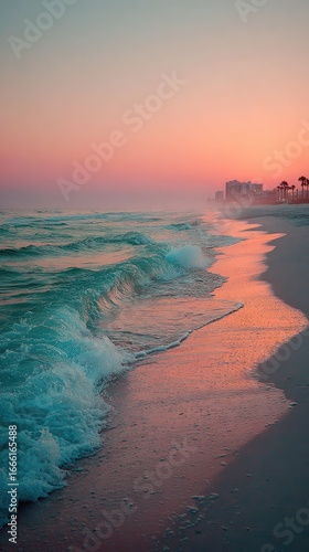 Pastel sunset hues paint the ocean waves gently lapping a sandy shore