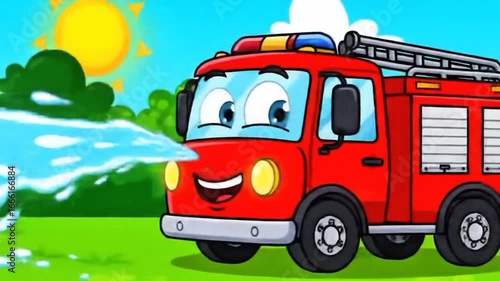A cheerful red fire truck with a friendly smiling face spraying water from its hose in a bright and sunny landscape. This cute cartoon illustration is perfect for children
