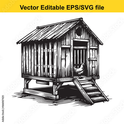 Rustic wooden chicken coop with a hen standing on the stairs, vector illustration
