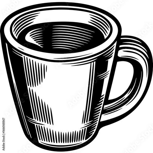 Illustration of a coffee cup with a handle, filled with a dark liquid