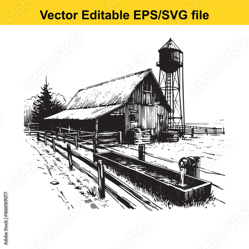 Rustic barn with water trough and tower in a rural landscape, vector art