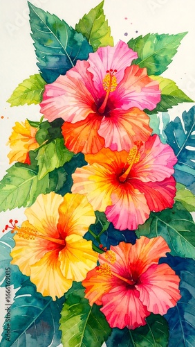 Vibrant watercolor painting of hibiscus flowers in a variety of warm hues, accented by lush green foliage.
