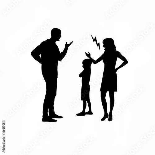 Silhouette of parents arguing with child hiding behind mother isolated on white background