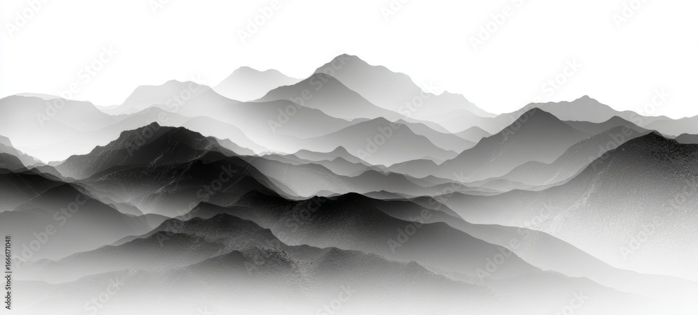 Obraz premium Black and white ink landscape painting with misty mountains