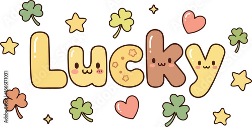 Kawaii lucky clover stars and hearts with text shamrock
