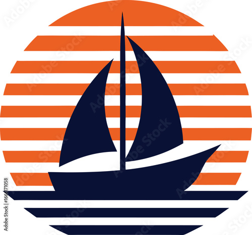 a sailing boat silhouette on retro stripe sun on w.eps