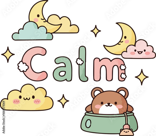 Cute cartoon bear in a mug with moon clouds and stars coffee