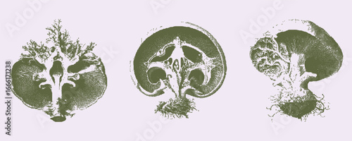 Abstract mushroom illustrations in vector dotted engraving style. Vintage botanical fungi drawings for eco packaging, natural medicine, posters and modern graphic projects.