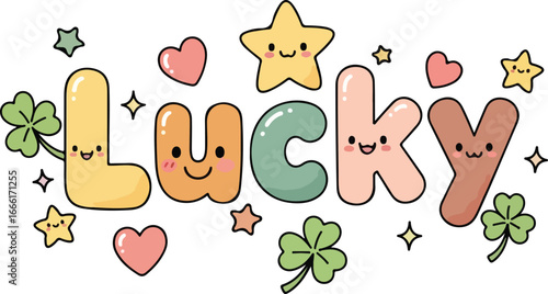 Kawaii lucky letters with clover stars and hearts lettering