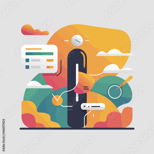Abstract illustration featuring a dark vertical shape with surrounding colorful elements and ui components
