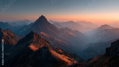 Beautiful sunrise over mountain range with golden light casting a warm glow on the landscape, wide open sky with soft gradient colors, perfect for travel ads or inspirational quotes.