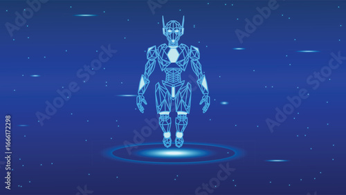 robot character constructed from glowing blue lines and polygons hovers above a glowing blue circle against a dark blue background