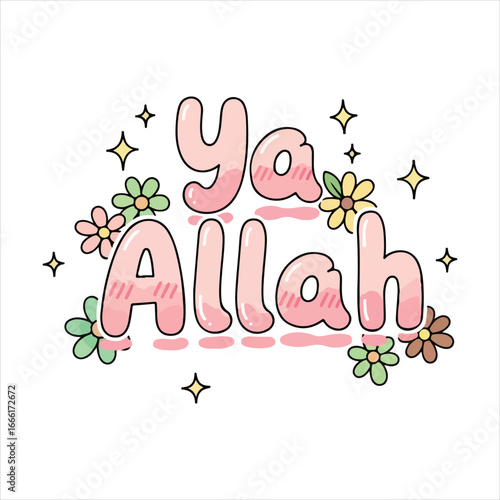 Cute pink lettering Ya Allah with flowers and sparkles Islamic Muslim