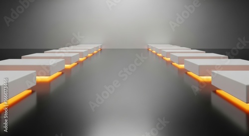 Futuristic glowing pathway with geometric blocks and reflective surface