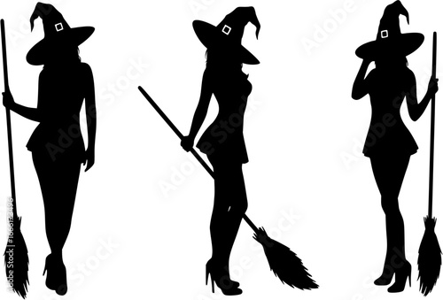 Silhouette of sexy woman wearing witches hat and holding a broom. Pretty girl with besom dressed as a witch for Halloween party. Set of vector illustrations.