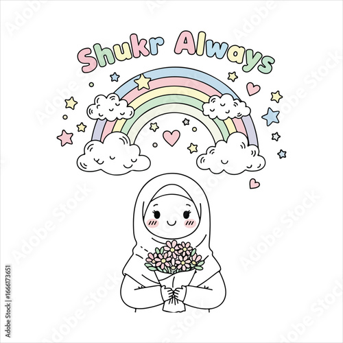 Cute cartoon girl in hijab holding flowers under pastel rainbow and stars hijab girl muslim girl