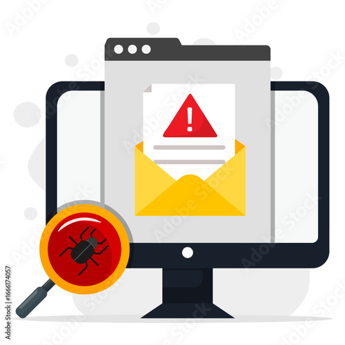 Email phishing scam detected with malware virus alert. Concept of computer warning, cyber attack risk, data breach threat, online fraud, and security danger.