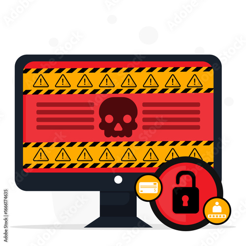 Vector illustration of a computer warning screen with skull symbol, danger signs, and unlocked padlock icon. Representing of malware infection, ransomware attack, and cyber security threat.