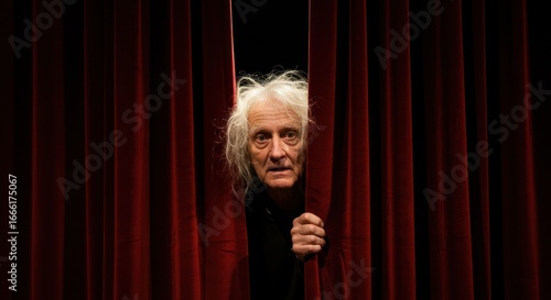 An elderly man with long white hair peeks through a pair of heavy red curtains.
