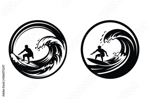Surfer Riding Big Wave Silhouette Vector Logo