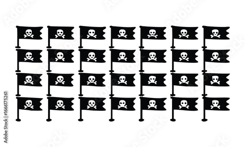 Grid of black pirate flags with skull and crossbones on white jolly roger danger