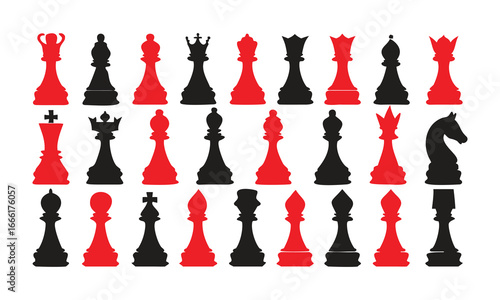 Red and Black Chess Pieces Silhouettes on White Background chess game strategy