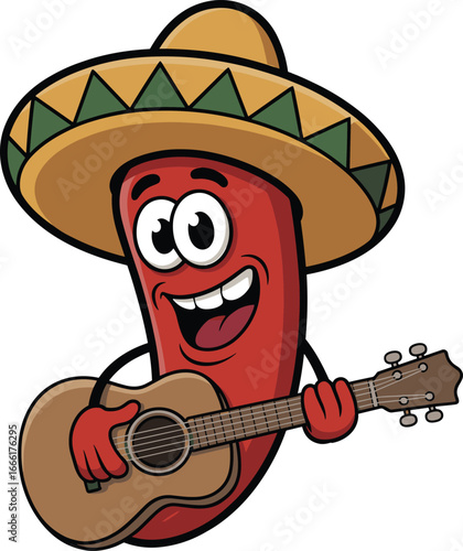 Cartoon chili pepper playing guitar, Mexican hat, festive character, smiling face, music theme, vector illustration, spicy mascot, fun, animated, cute, red, sombrero, joyful,