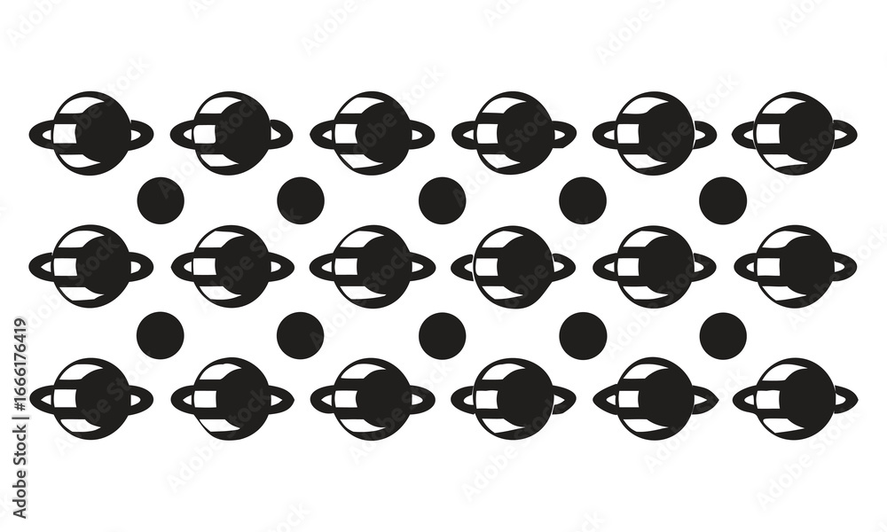 Fototapeta premium Repeating pattern of stylized planets with rings on white background space galaxy