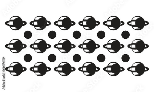 Repeating pattern of stylized planets with rings on white background space galaxy