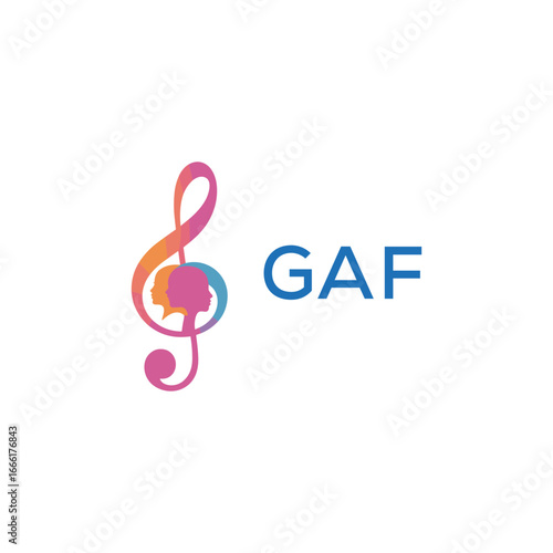 GAF “Creative music academy logo with silhouette heads and notes” GAF  Later Logo, “Modern music therapy logo with faces and note symbol”
