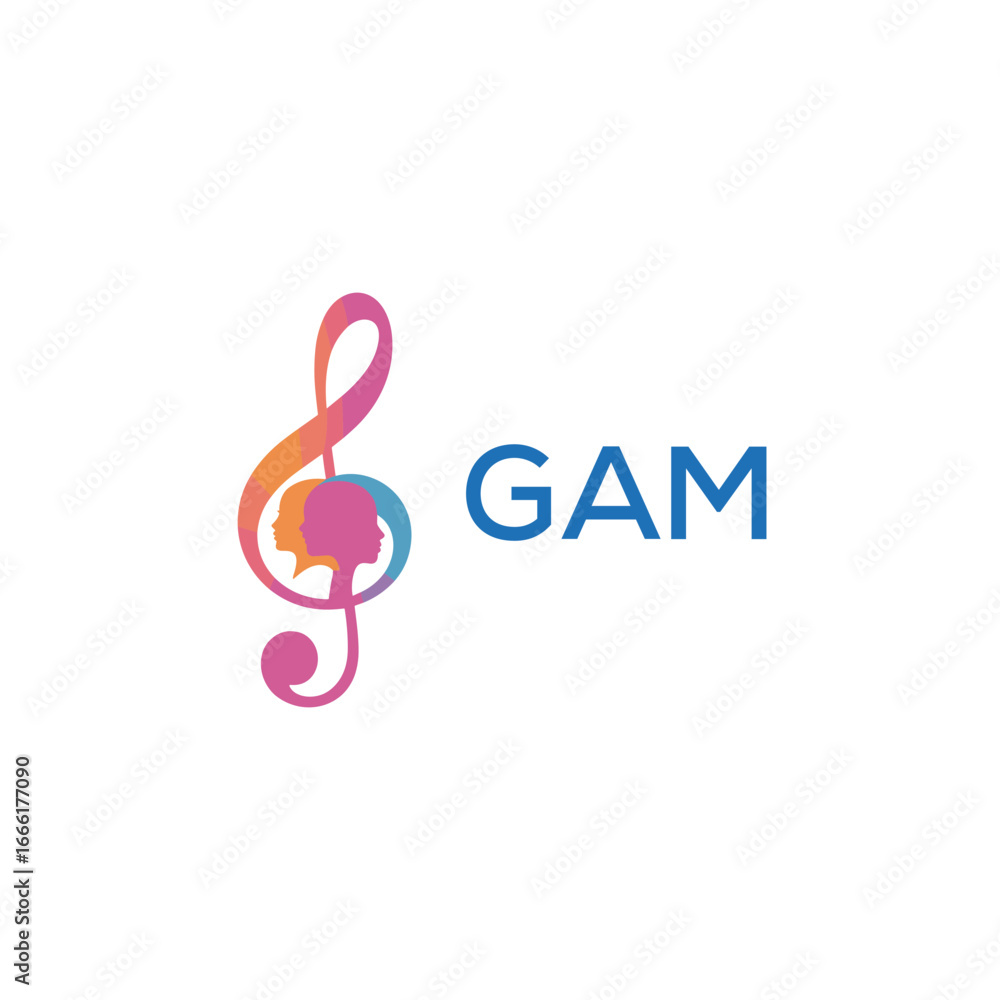 Naklejka premium GAM “Creative music academy logo with silhouette heads and notes” GAM Later Logo, “Modern music therapy logo with faces and note symbol”