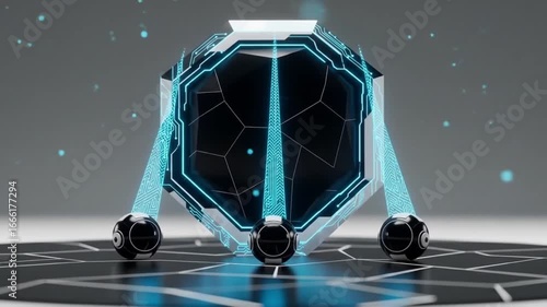 Futuristic Cute Robots Scanning Glowing Neon Polygon Shield, Digital Protection AI Concept