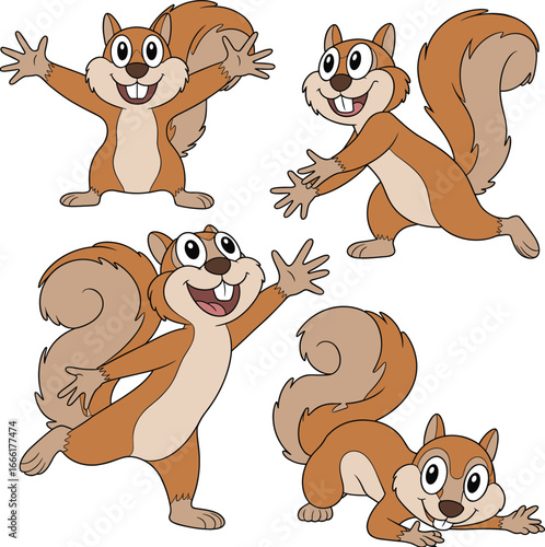 Cartoon squirrel character set, cute forest animal, playful poses, happy expression, bushy tail, vector illustration, kids design, woodland creature, animated, fun, adorable, standing,