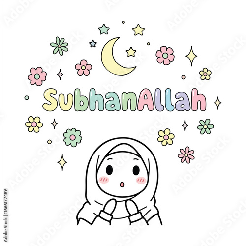 Cute cartoon girl in hijab with pastel flowers and moon muslim islam