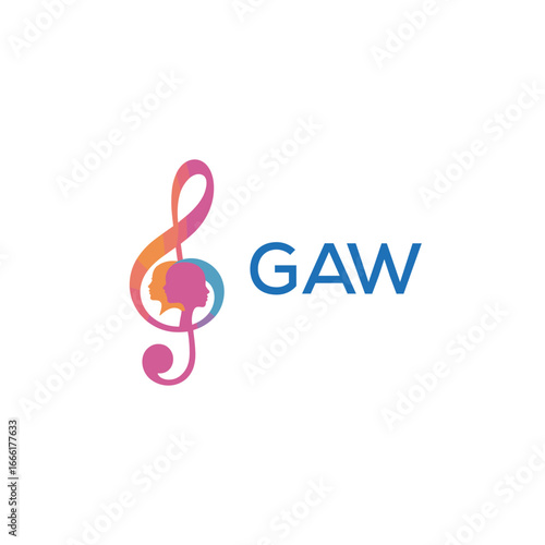 GAW “Creative music academy logo with silhouette heads and notes” GAW  Later Logo, “Modern music therapy logo with faces and note symbol”
