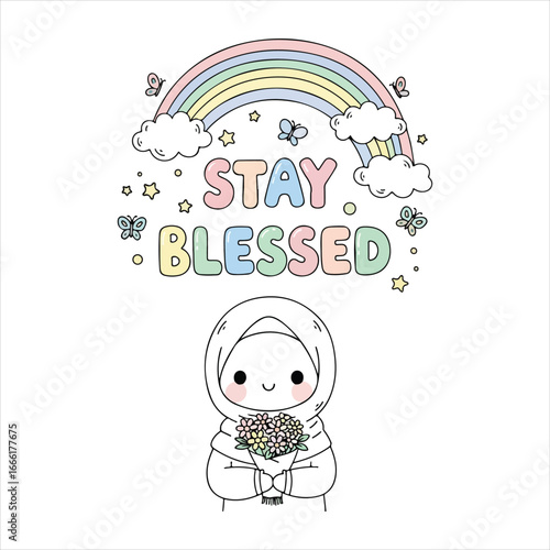 Cute cartoon girl in hijab holding a bouquet of flowers with a pastel rainbow and butterflies hijab girl