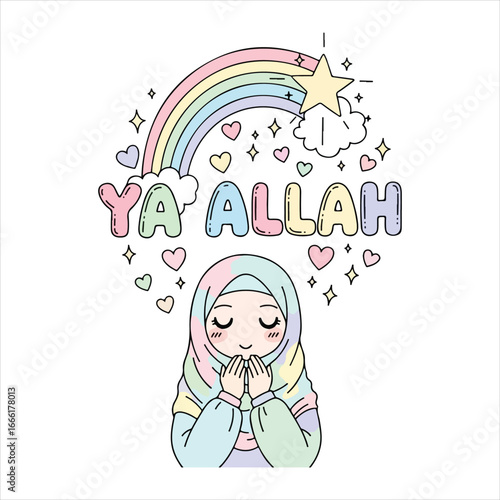 Cute cartoon girl wearing pastel hijab praying under a rainbow with text Ya Allah Islamic Muslim
