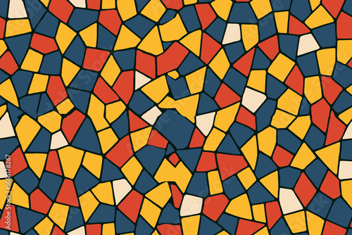 Abstract mosaic, a seamless design. A vector background. Perfect for creating a backdrop. Ceramic tile fragments. Colorful broken tiles, a mosaic of yellow, blue, and red.