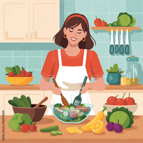 Woman preparing a fresh salad in a kitchen with various fruits and vegetables on the counter top surface