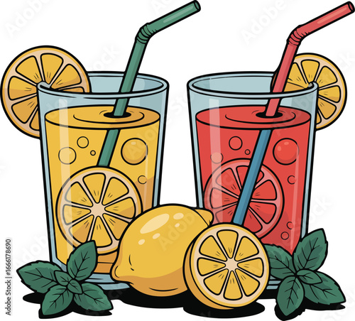 Glass of lemonade and orange juice with lemon slice isolated on white background