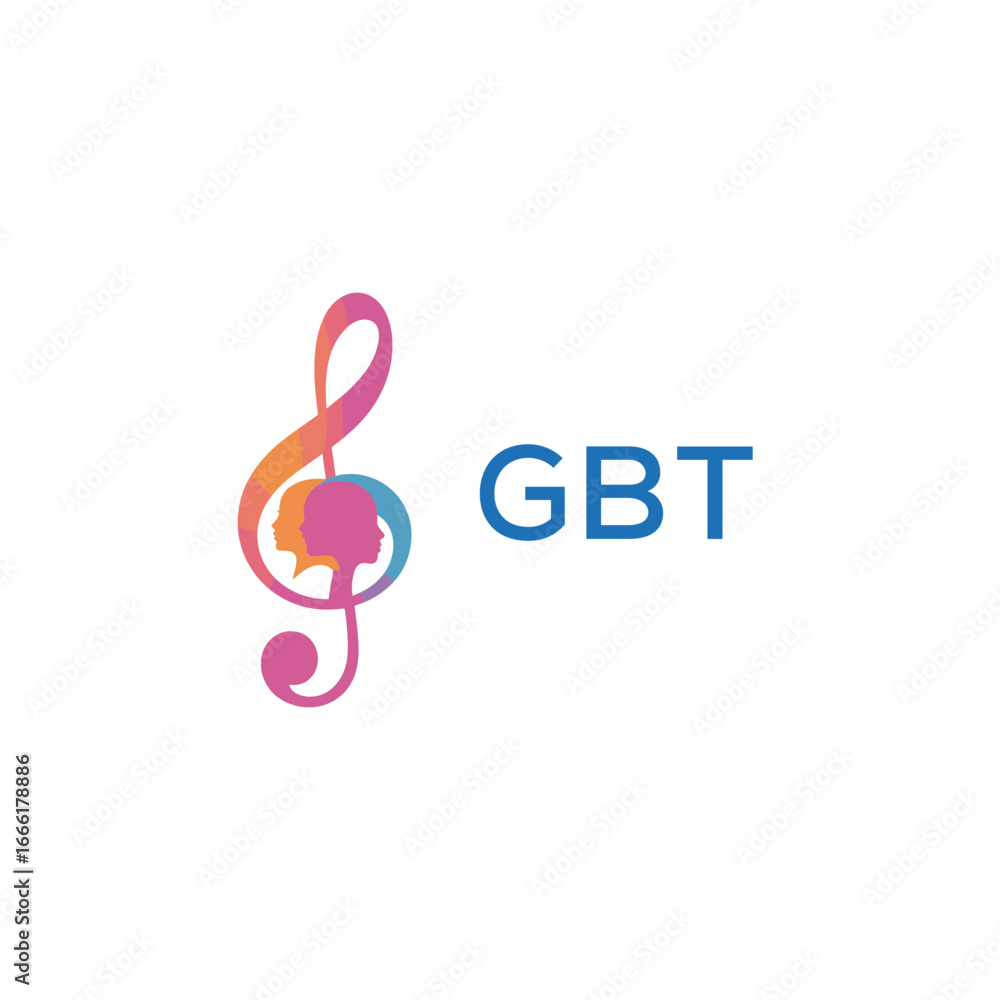 Fototapeta premium GBT “Creative music logo with human silhouettes and treble clef in gradient colors, GBT Later Logo, modern artistic design isolated on white background”GBT music logo, GBT treble clef, GBT human sil