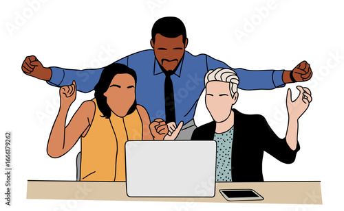 Diverse team celebrating success at a laptop, ideal for business, teamwork, office, productivity, and corporate content. Hand drawn Flat vector illustration isolated on transparent background