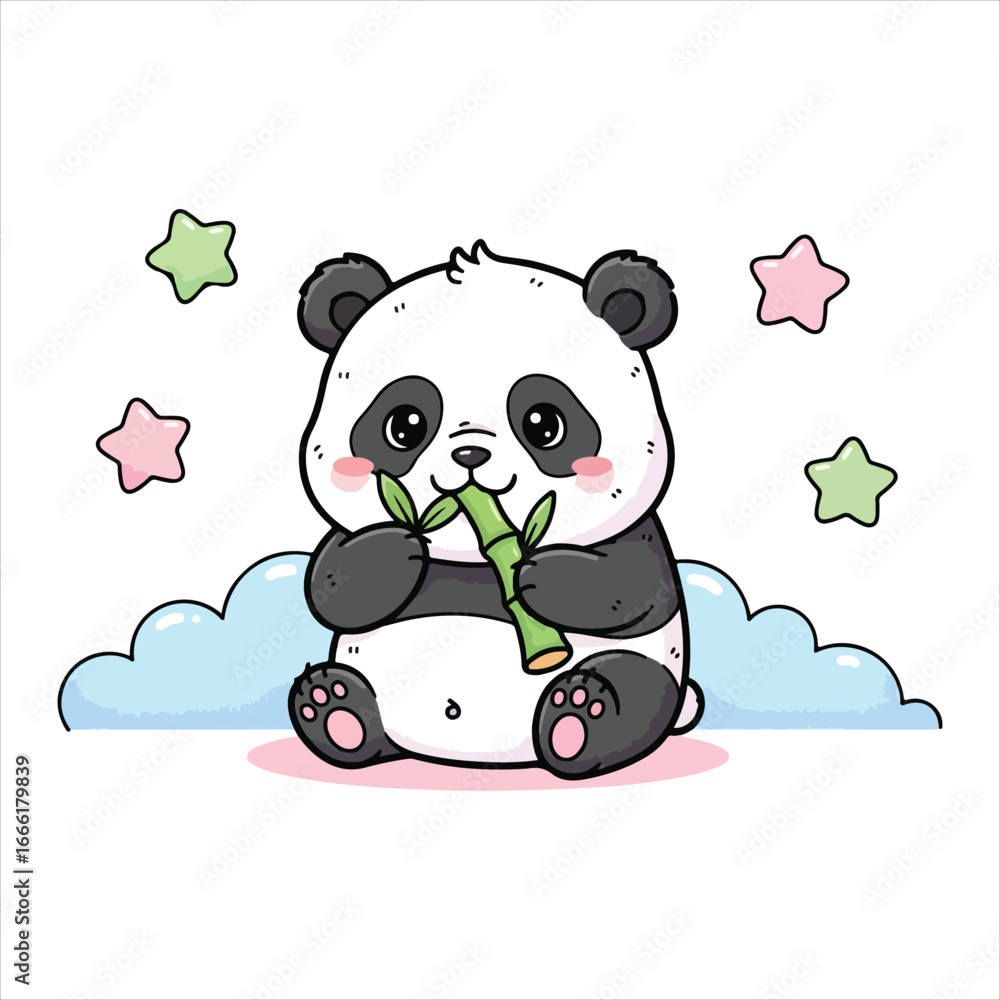 Naklejka premium Cute cartoon panda eating bamboo surrounded by pastel stars and clouds vector