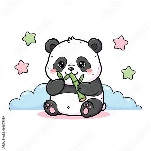 Cute cartoon panda eating bamboo surrounded by pastel stars and clouds vector