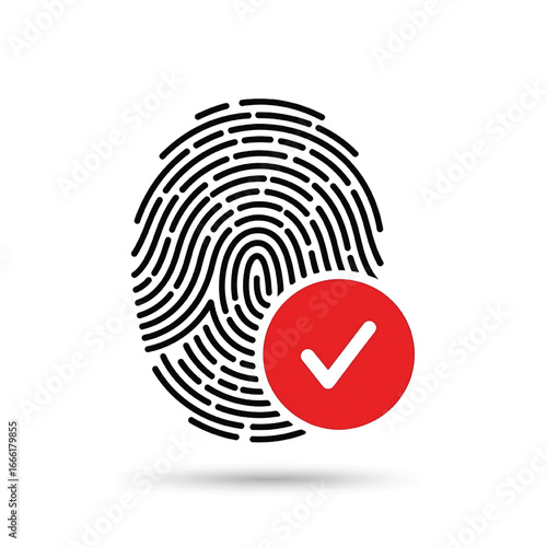 Vector of fingerprint with check mark. Icon of personal id verification success. Symbol of e-KYC.fingerprint icon.