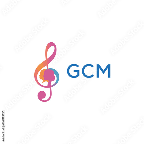 GCM “Creative music academy logo with silhouette heads and notes” GCM  Later Logo, “Modern music therapy logo with faces and note symbol”
