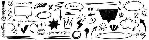 Hand drawn pencil various oval, highlight, emphasis mark, check marks set. Crayon speech bubble, chalked arrows, text underline. Vector freehand grunge strikethrough and underline elements.